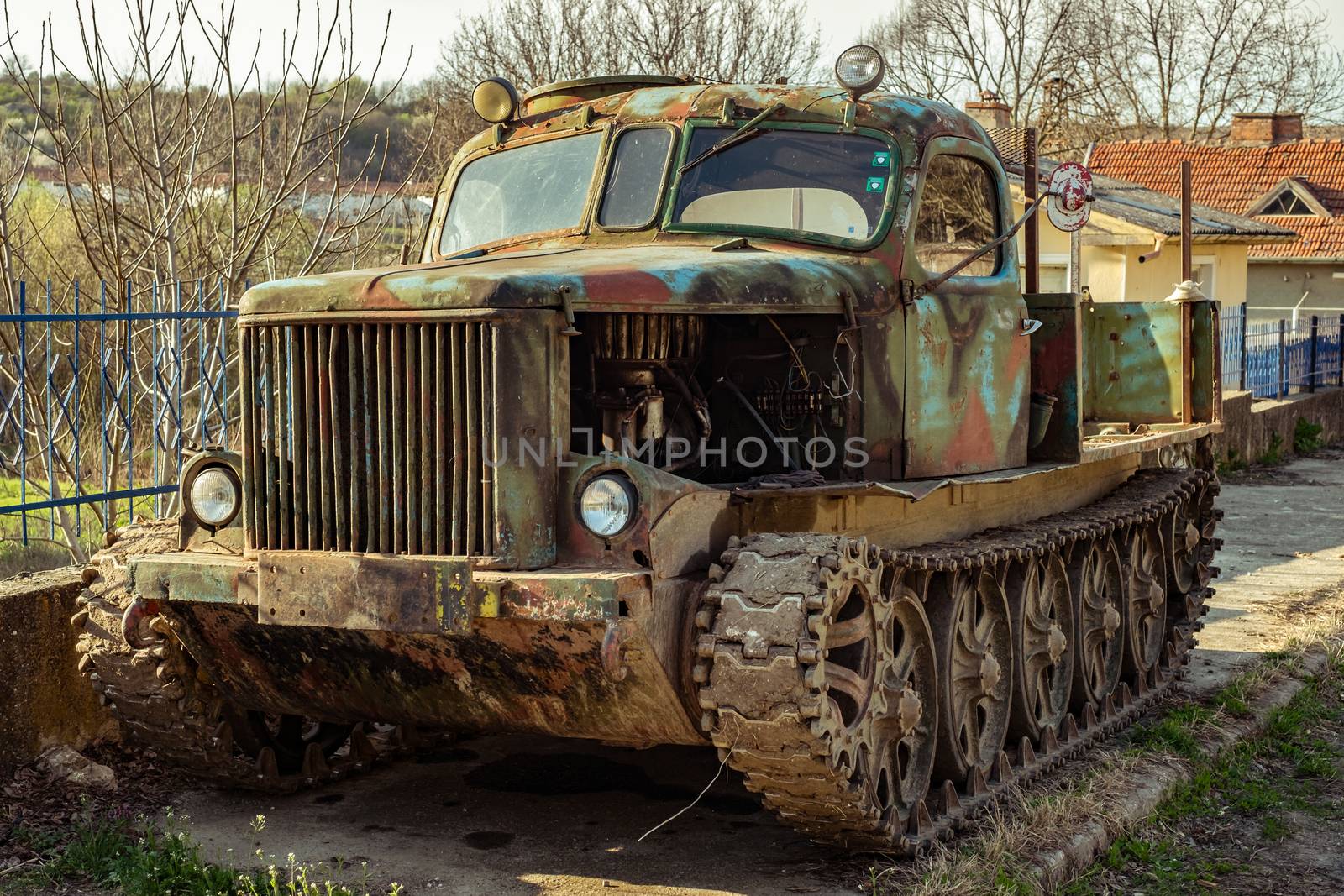 Krasen village, Bulgaria - April 01, 2017. Old crawler on the side of the road in the Krasen village, Bulgaria