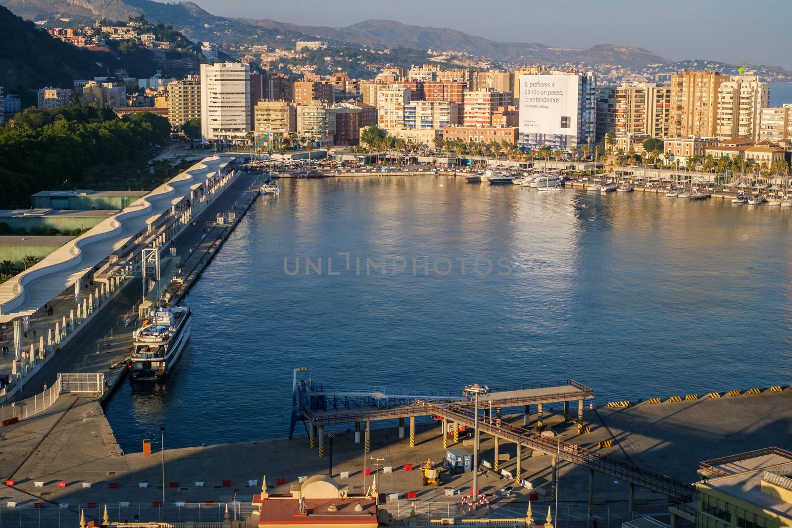 Malaga, Spain - June 29, 2018. Panoramic view over the Malaga port and city, Costa del sol, Spain.