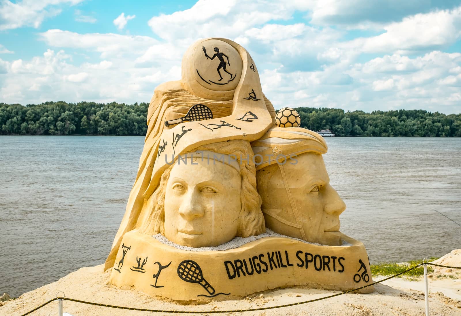 Ruse city, Bulgaria - June 08, 2016. International Sand Sculpting Festival situated on the bank of the Danube river in Ruse, Bulgaria; “Sports Fame, World and Olympic Symbols” theme