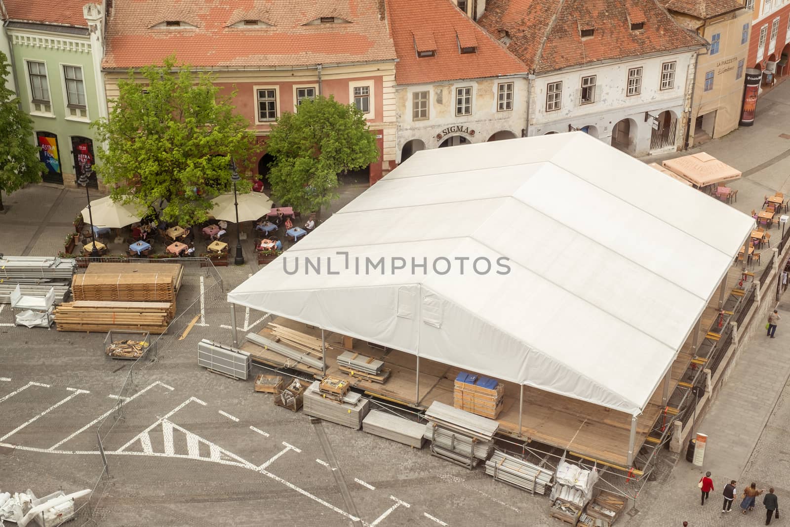 Sibiu, Romania - April 27, 2019  Preparations for Informal meeting of heads of state or government 2019 in Small Square  Sibiu, Romania