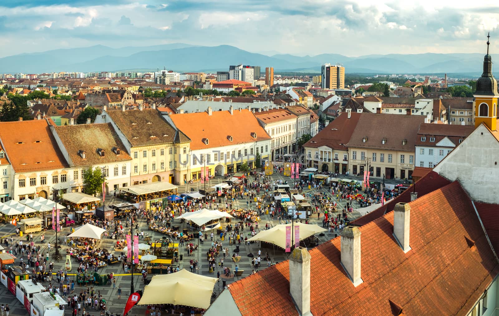 Sibiu, Romania - June 06, 2019, Street Food Festival Sibiu 2019 in Grand Square, Sibiu, Romania, aerial view