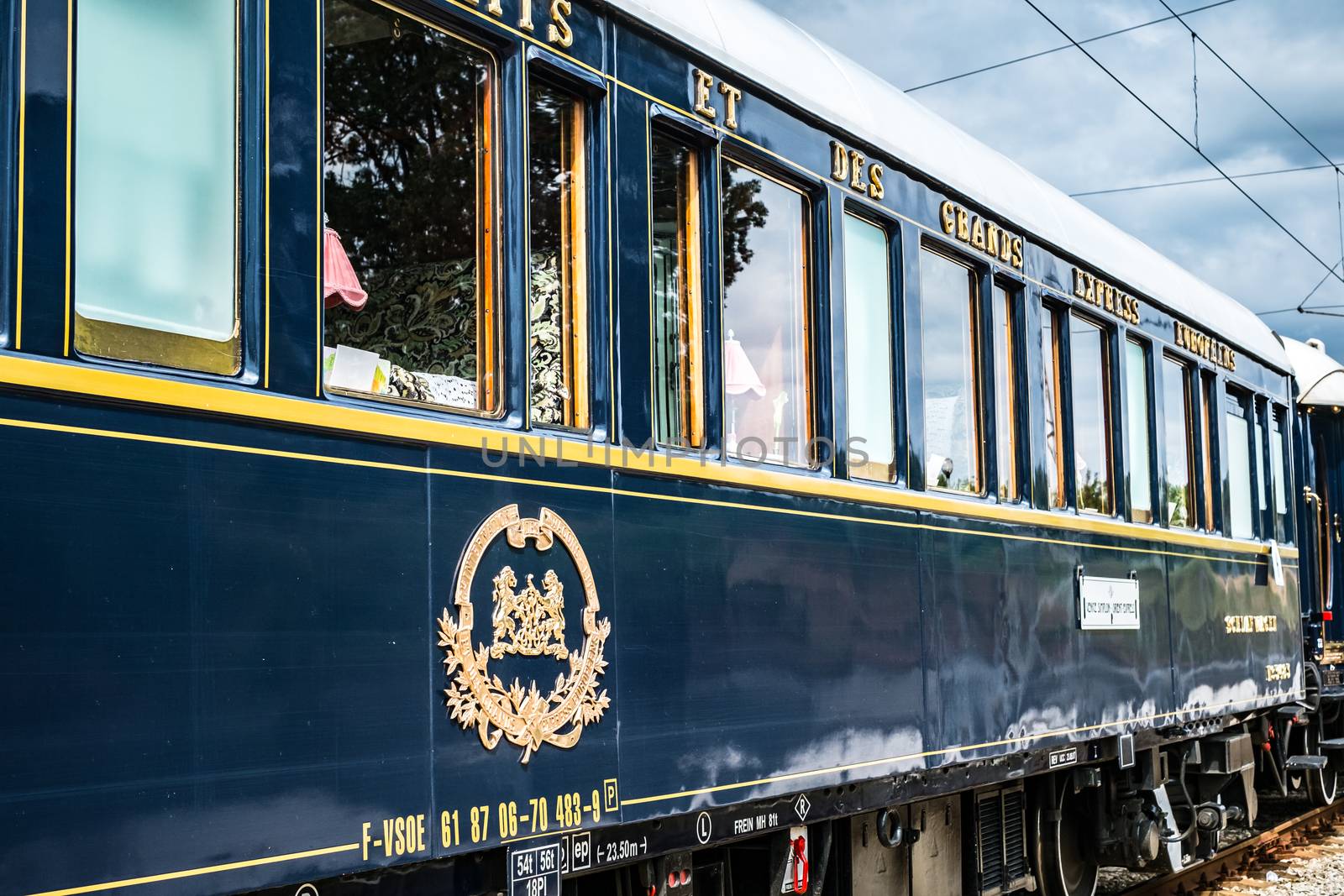Ruse city, Bulgaria - August 29, 2017. The legendary Venice Simplon Orient Express is ready to depart from Ruse Railway station. Sleeper. The luxury train travels between Paris and Istanbul.
