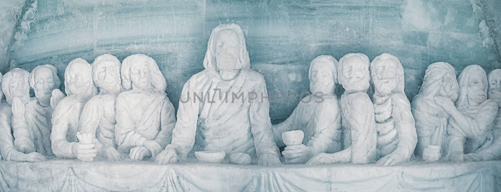 Ice Hotel - Balea Lake Romania - January 24 2019. ice sculpture represented The Last Supper inside the ice church from Ice hotel Balea lake, Romania