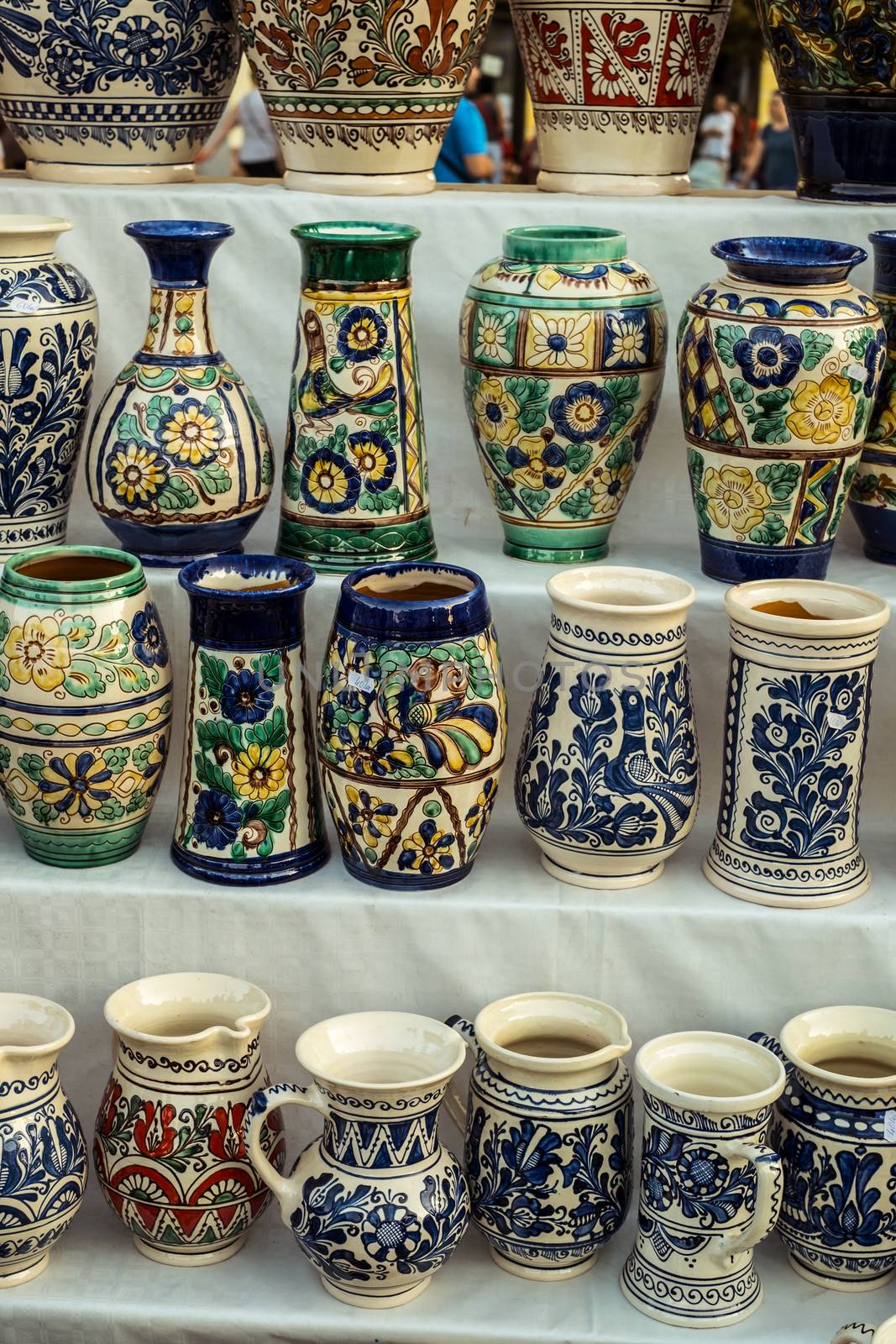 Sibiu City, Romania - 31 August 2019. Traditional Romanian handmade ceramics market at the potters fair from Sibiu, Romania