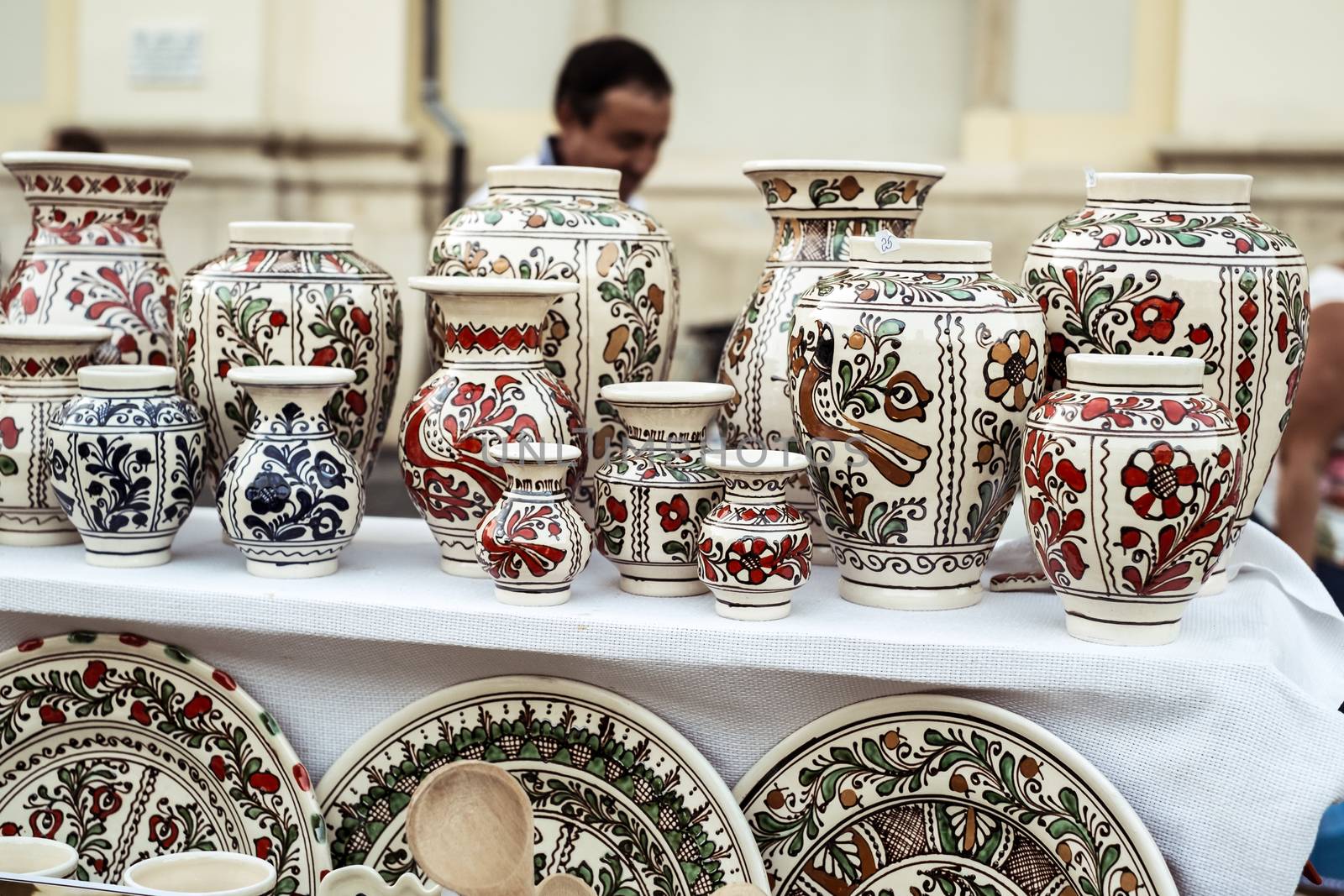 Sibiu City, Romania - 31 August 2019. Traditional Romanian handmade ceramics market at the potters fair from Sibiu, Romania