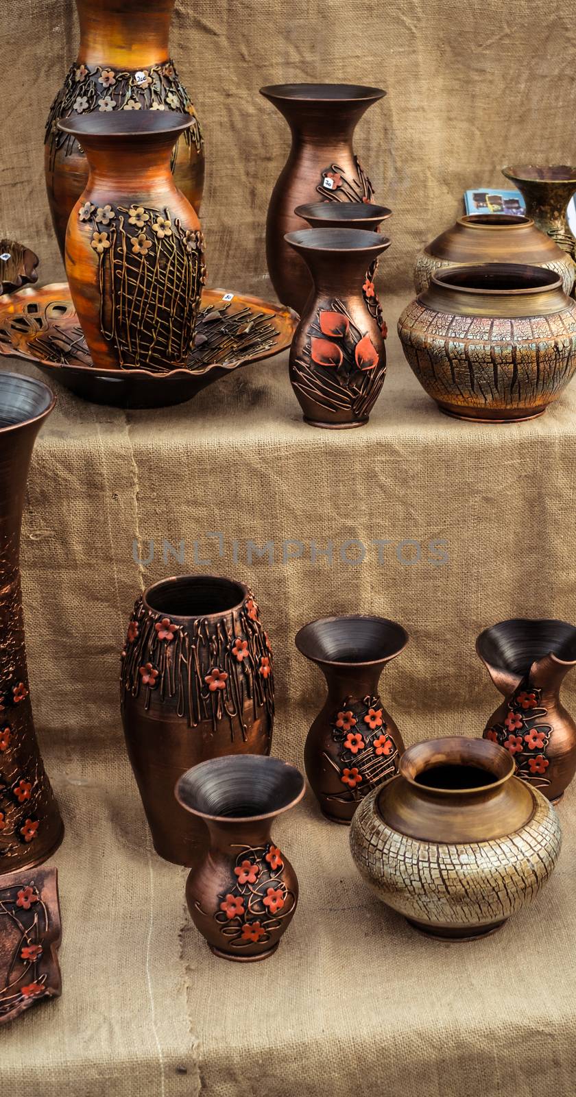 Sibiu City, Romania - 31 August 2019. Traditional Romanian handmade ceramics market at the potters fair from Sibiu, Romania