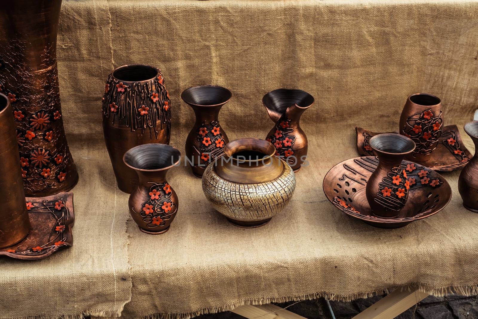 Sibiu City, Romania - 31 August 2019. Traditional Romanian handmade ceramics market at the potters fair from Sibiu, Romania
