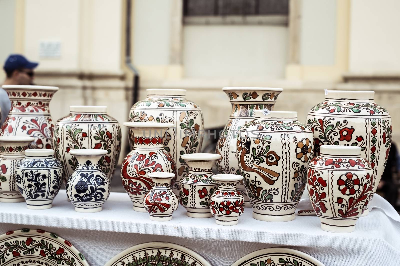 Sibiu City, Romania - 31 August 2019. Traditional Romanian handmade ceramics market at the potters fair from Sibiu, Romania