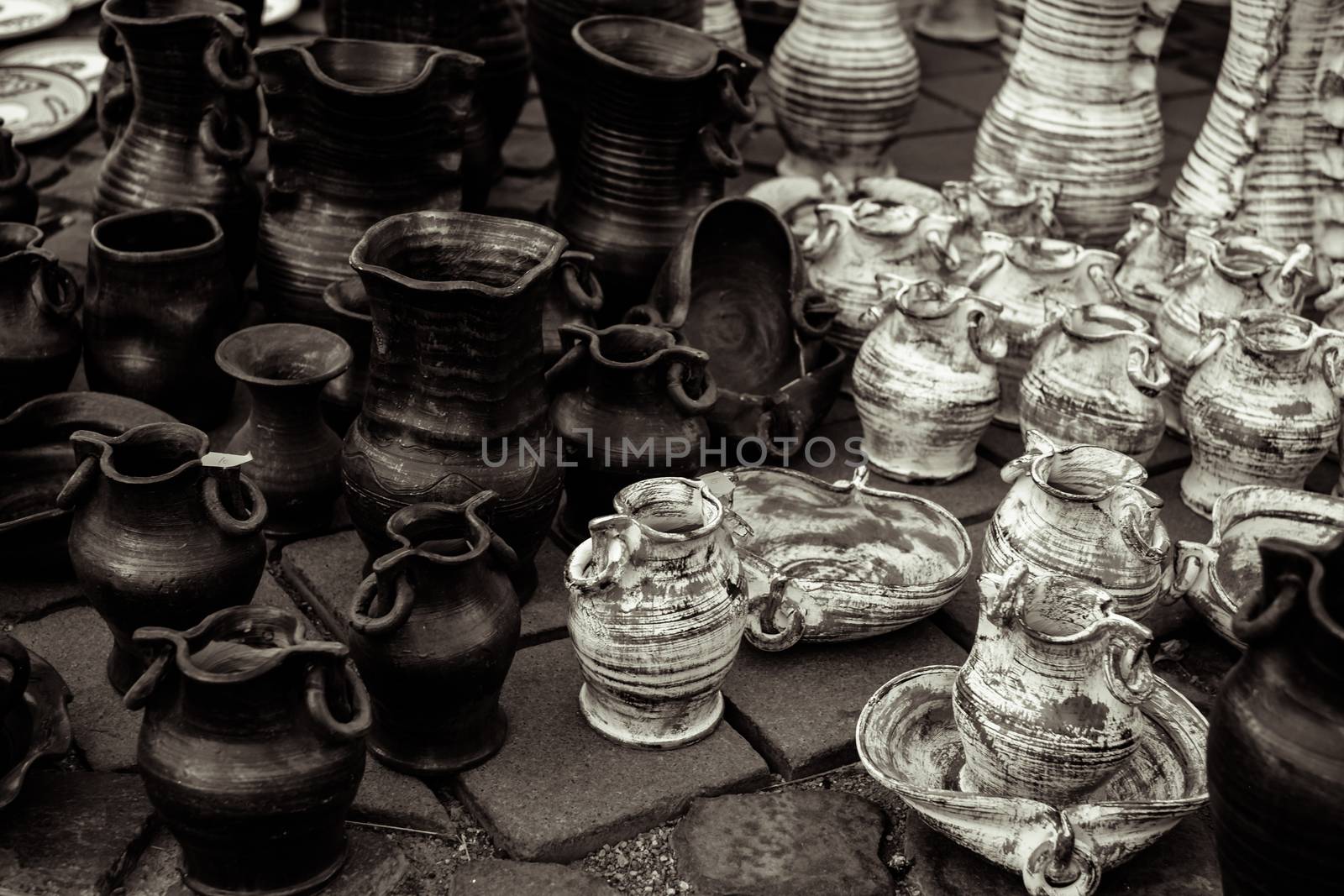 Sibiu City, Romania - 31 August 2019. Traditional Romanian handmade ceramics market at the potters fair from Sibiu, Romania
