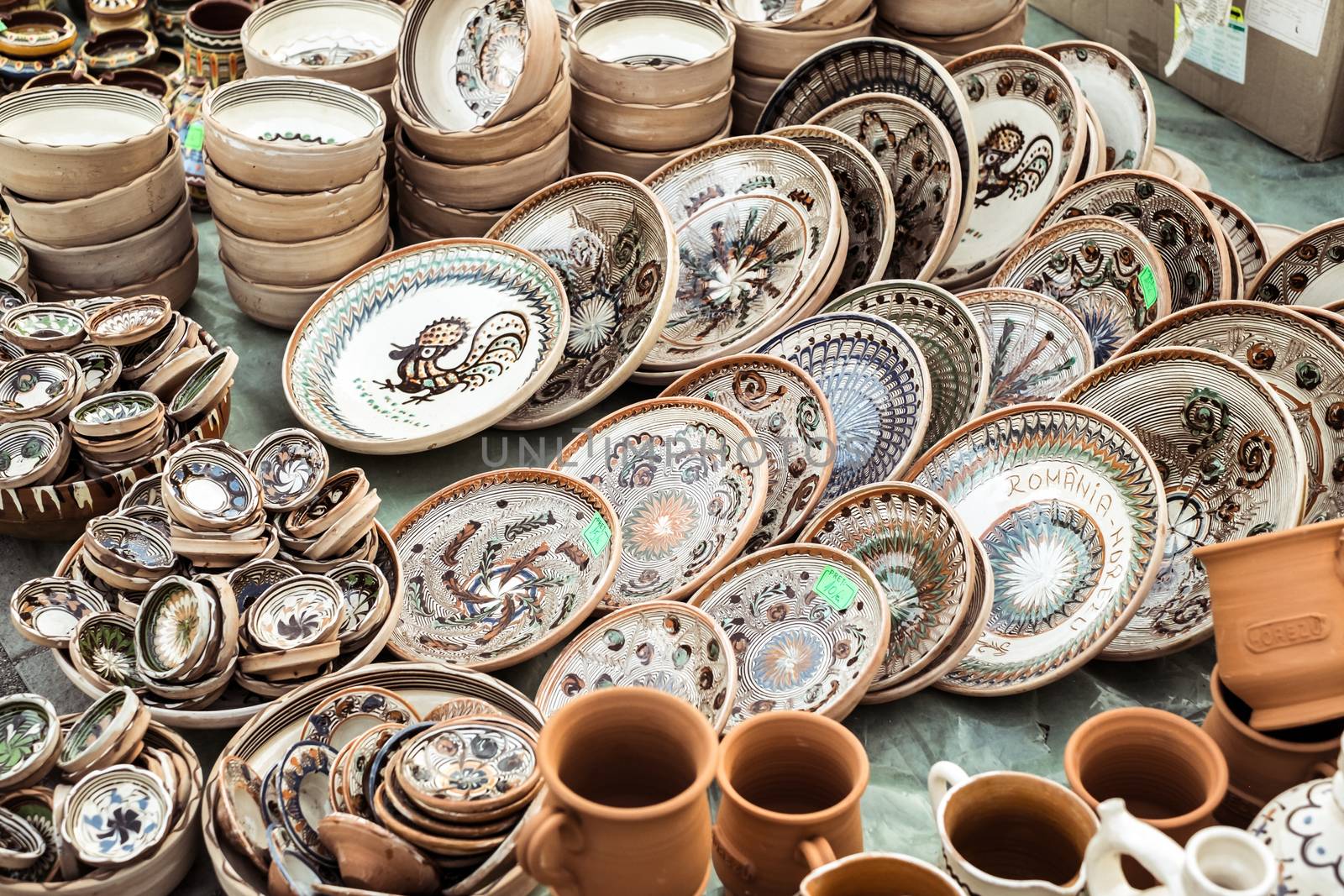 Sibiu City, Romania - 31 August 2019. Traditional Romanian handmade ceramics market at the potters fair from Sibiu, Romania