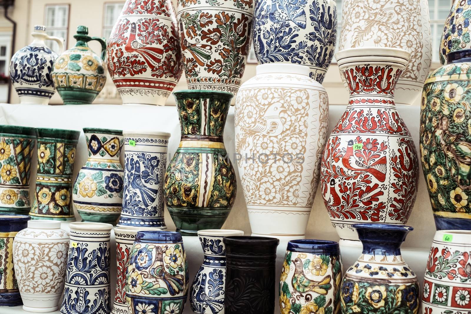 Sibiu City, Romania - 31 August 2019. Traditional Romanian handmade ceramics market at the potters fair from Sibiu, Romania