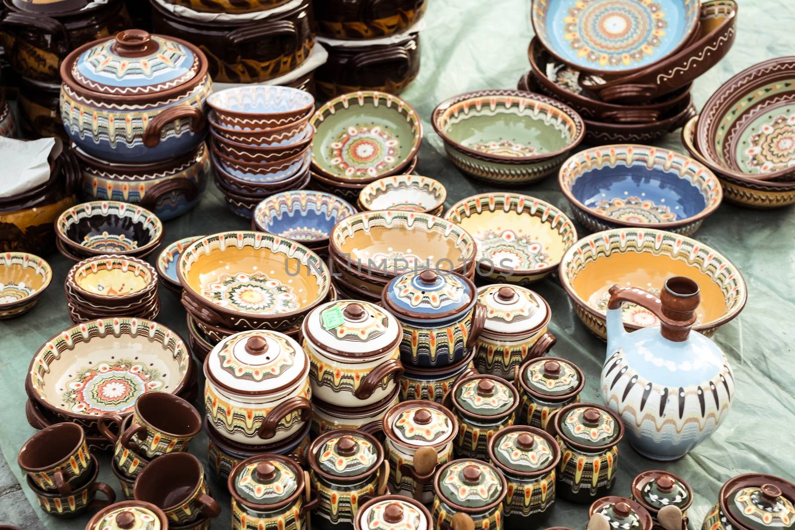 Sibiu City, Romania - 31 August 2019. Traditional Romanian handmade ceramics market at the potters fair from Sibiu, Romania