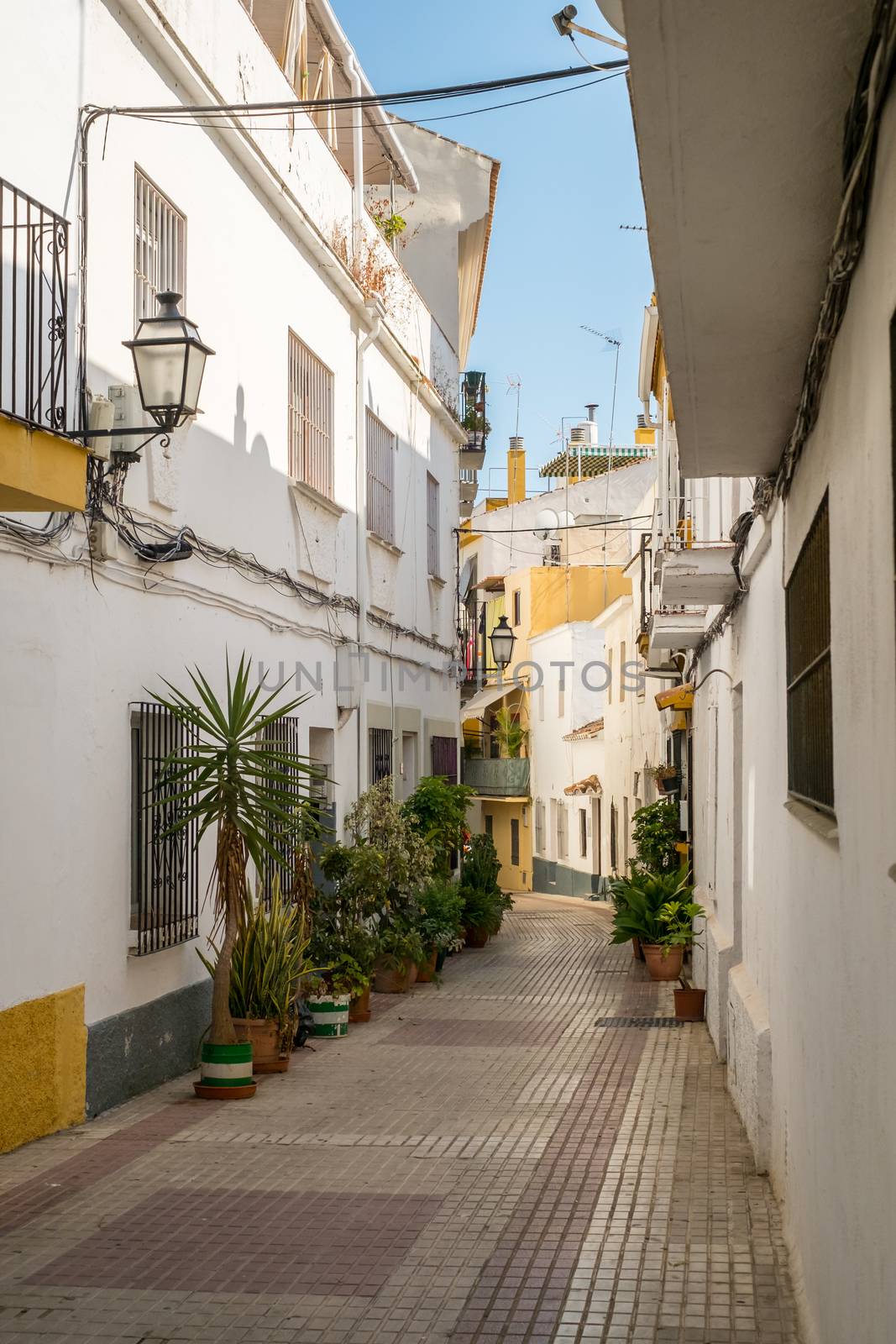 Marbella, Spain - June 27th, 2018. Typical old town street in Marbella, Costa del Sol, Andalusia, Spain, Europe