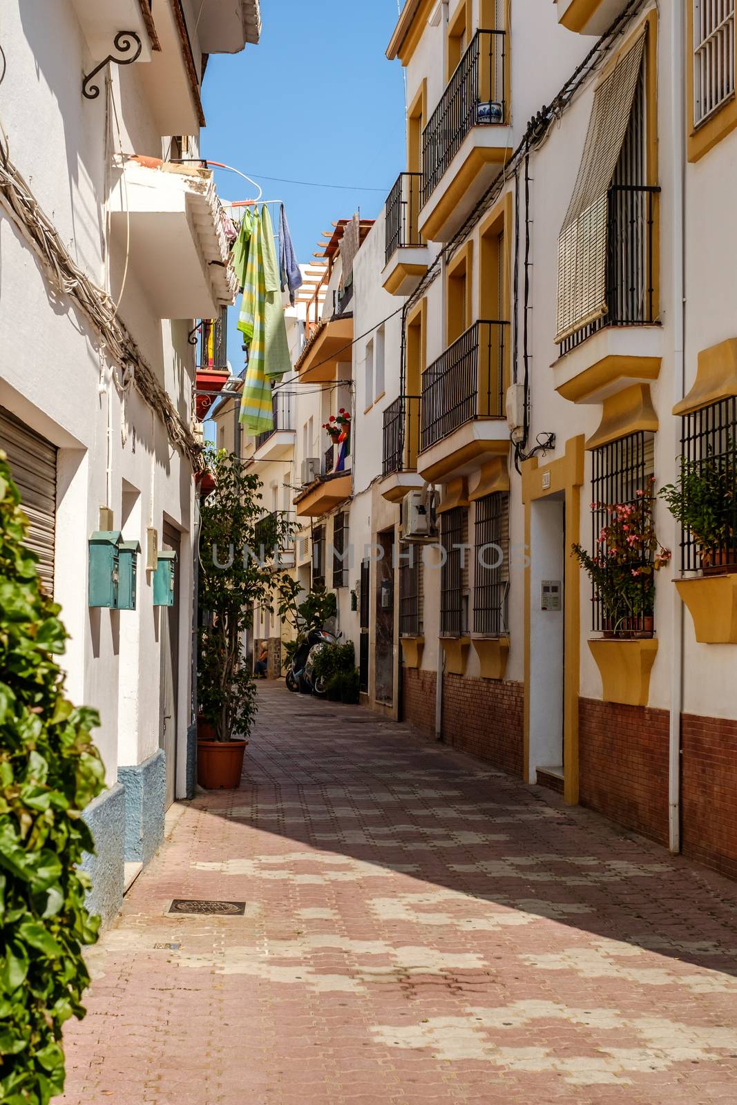 Marbella, Spain - June 27th, 2018. Typical old town street in Marbella, Costa del Sol, Andalusia, Spain, Europe