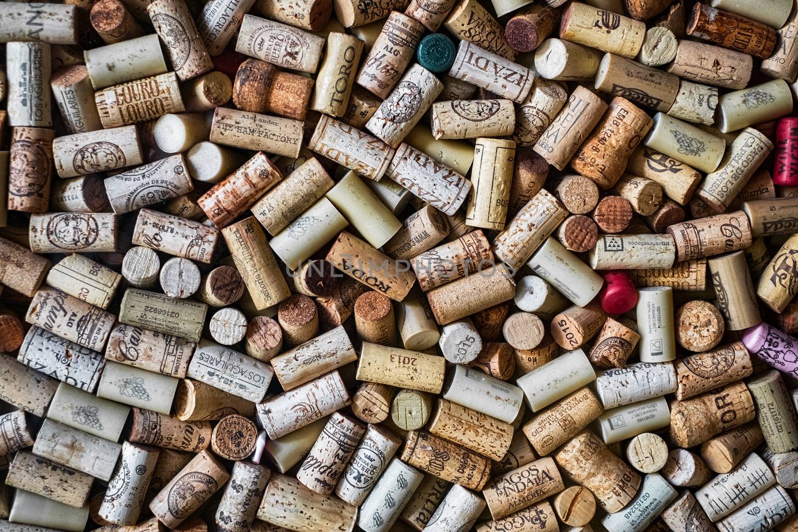 Malaga, Spain - August 26, 2018. Used corks plugs from Spanish wine and champagne