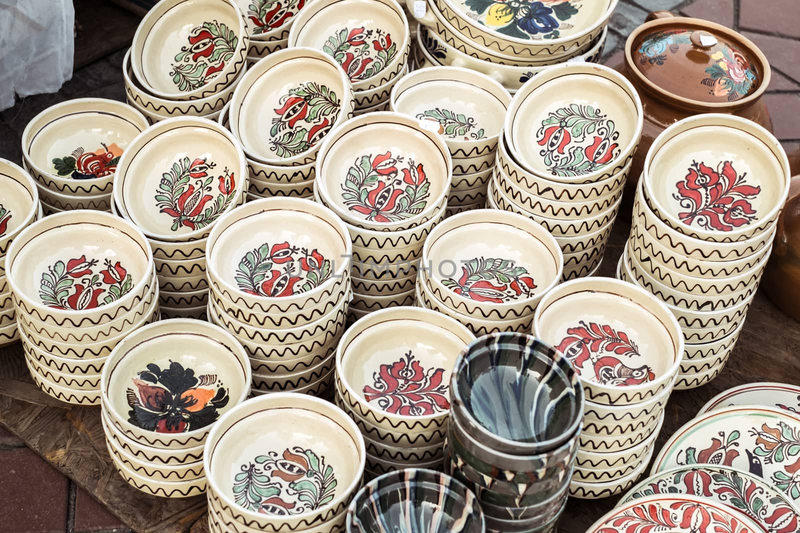 Sibiu City, Romania - 31 August 2019. Traditional Romanian handmade ceramics market at the potters fair from Sibiu, Romania