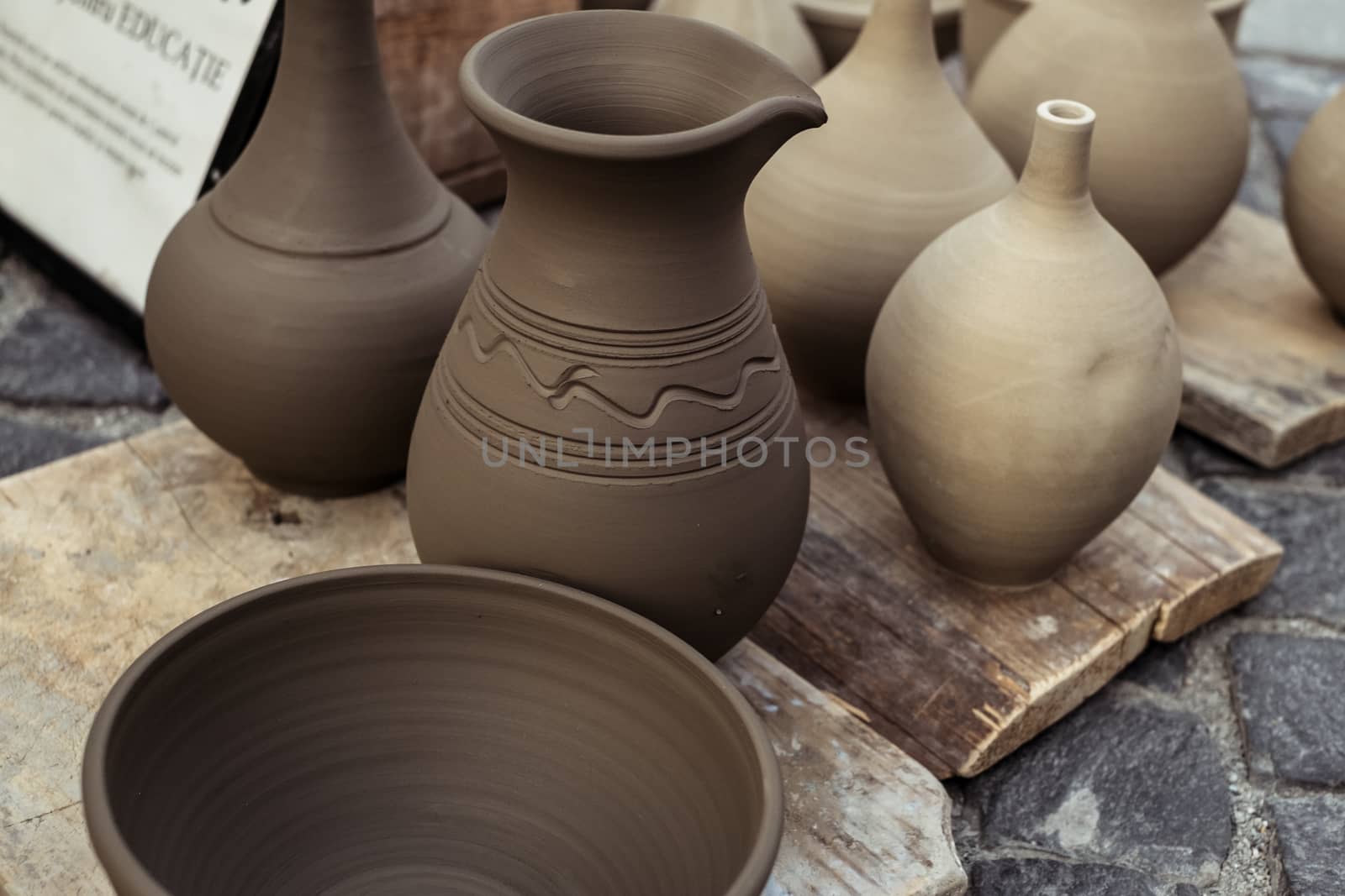 Sibiu City, Romania - 31 August 2019. Traditional Romanian handmade ceramics market at the potters fair from Sibiu, Romania