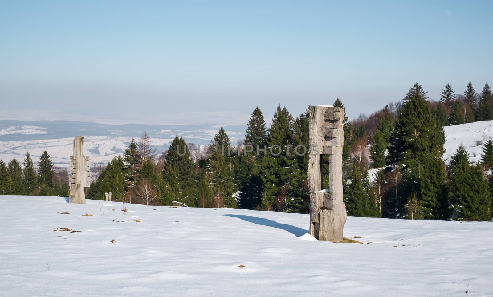 Saliste city, Romania - February 16, 2019.. Wood old Sculpture Art Outdoor in snow, from 1980, S'uns glade - Saliste city, Sibiu county, Romania