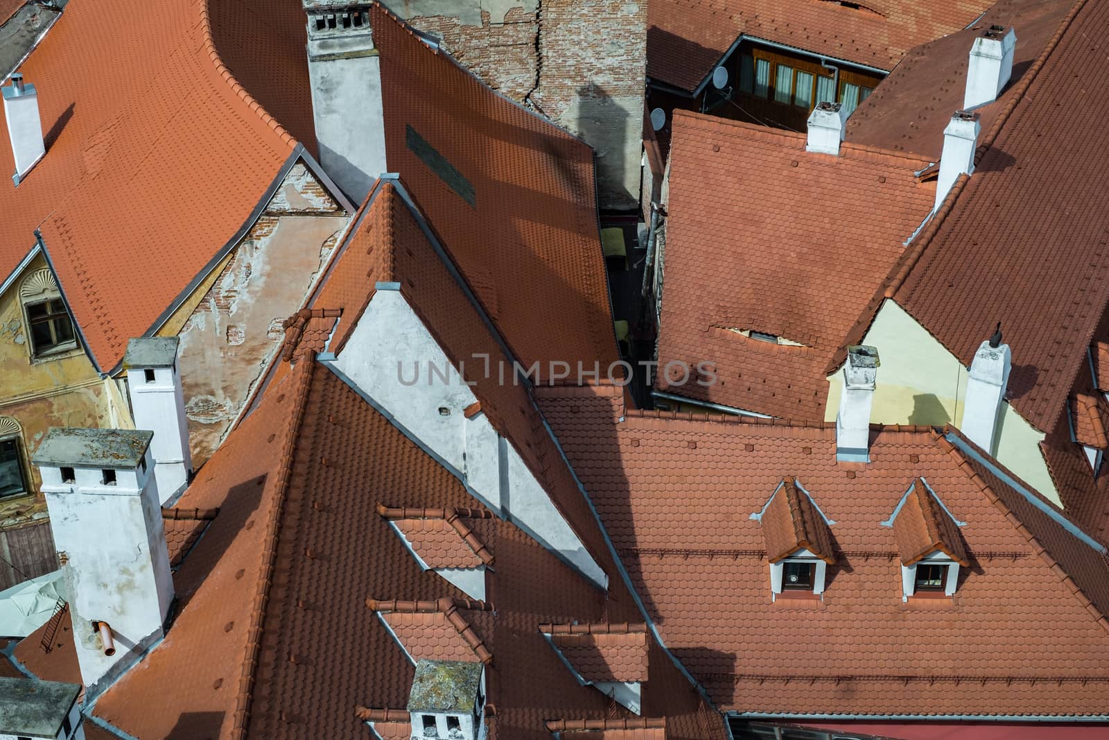 Aerial view over roof tiles in Sibiu city, Romania