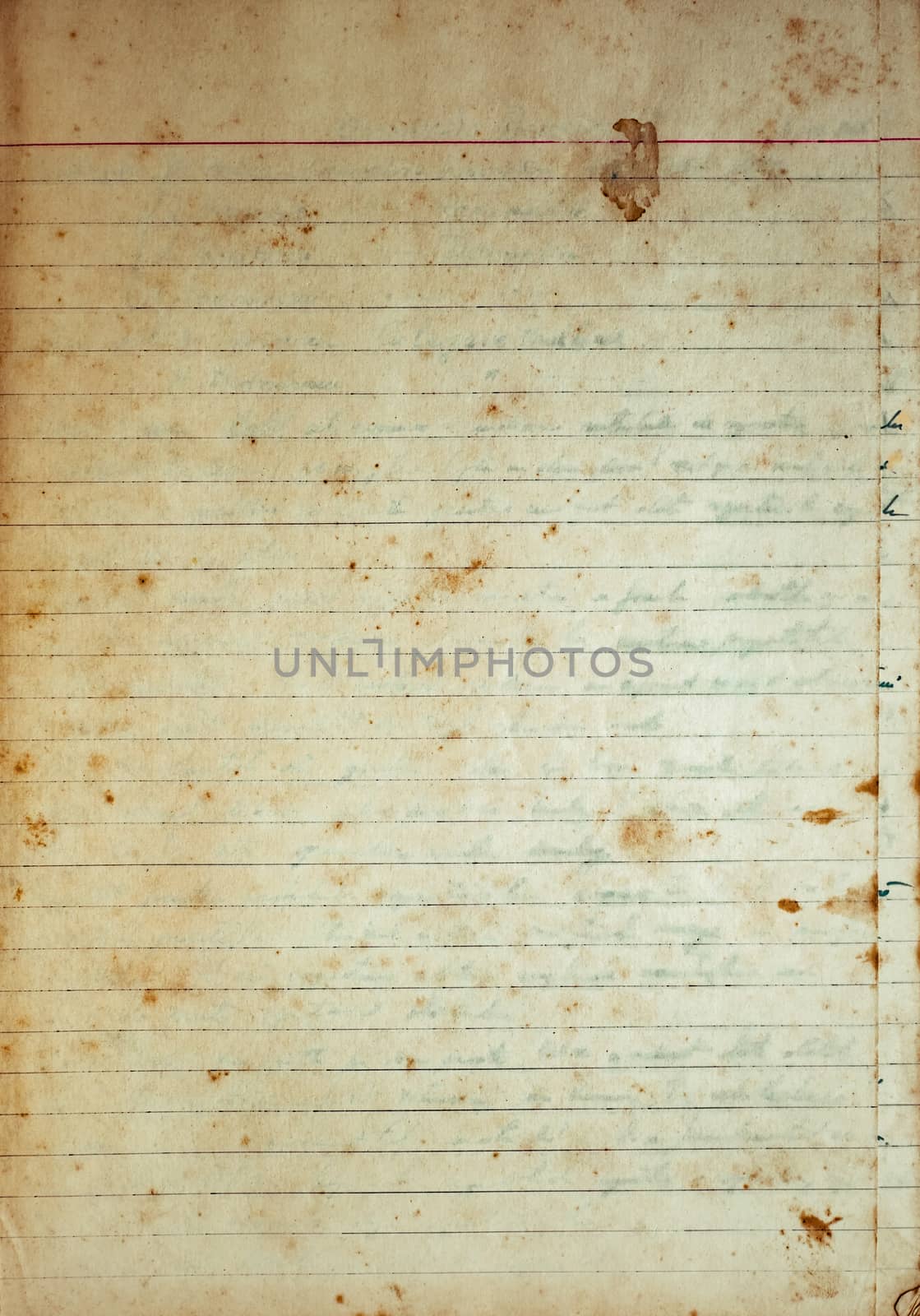 Aging, worn lined paper with water stains and rough edges