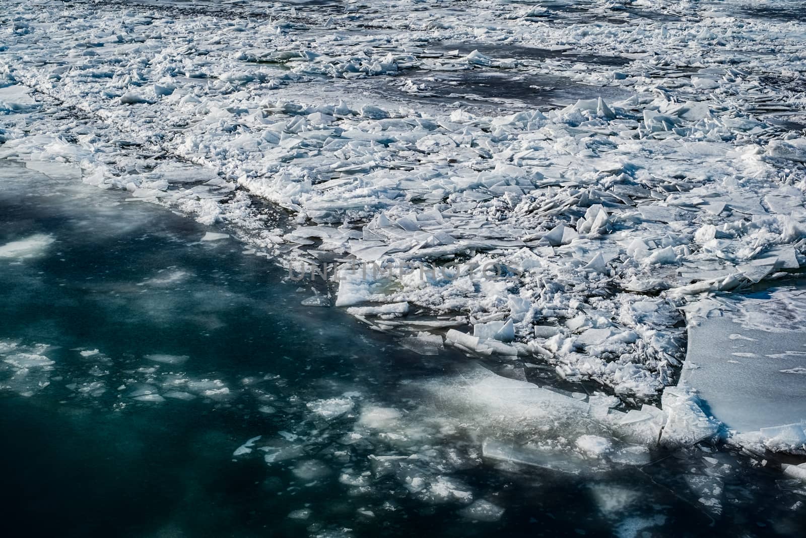 Aerial view of ice floes in the Danube river