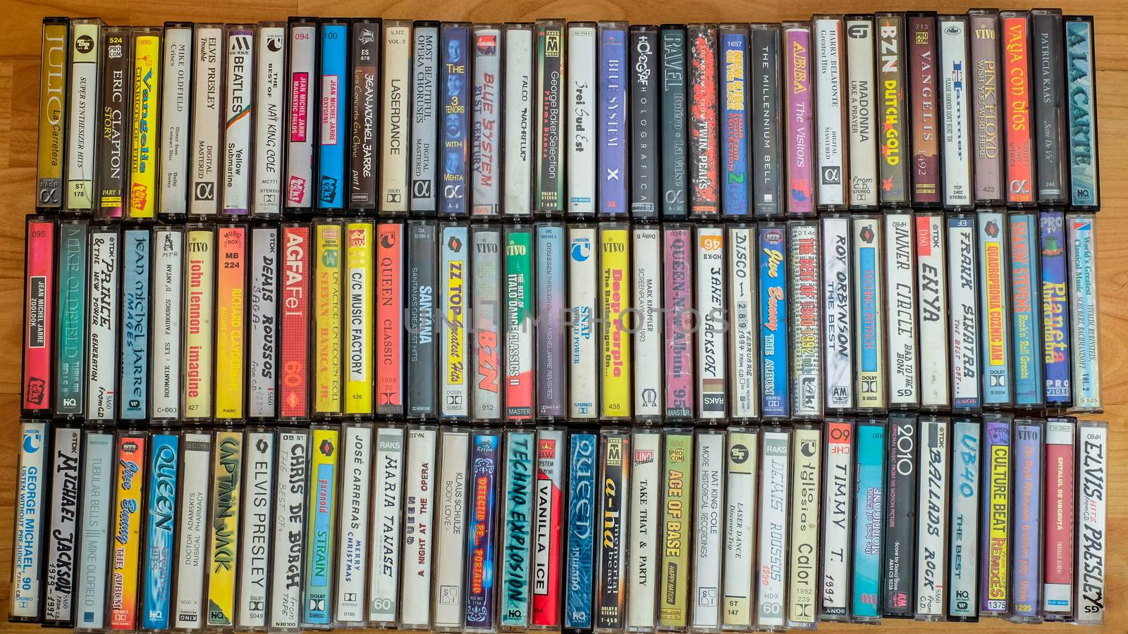 Giurgiu, Romania - April 21, 2016. Audio cassette collection, top view