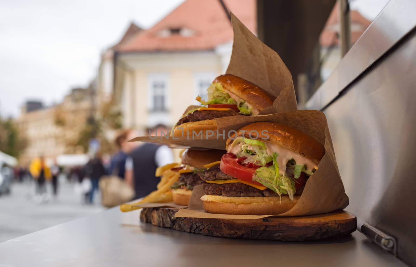 appetizing hamburger on the counter in the market
