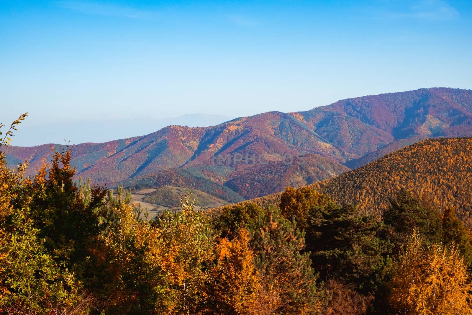 autumn landscape on sunny day, Cindrel mountains, Sibiu county, Romania