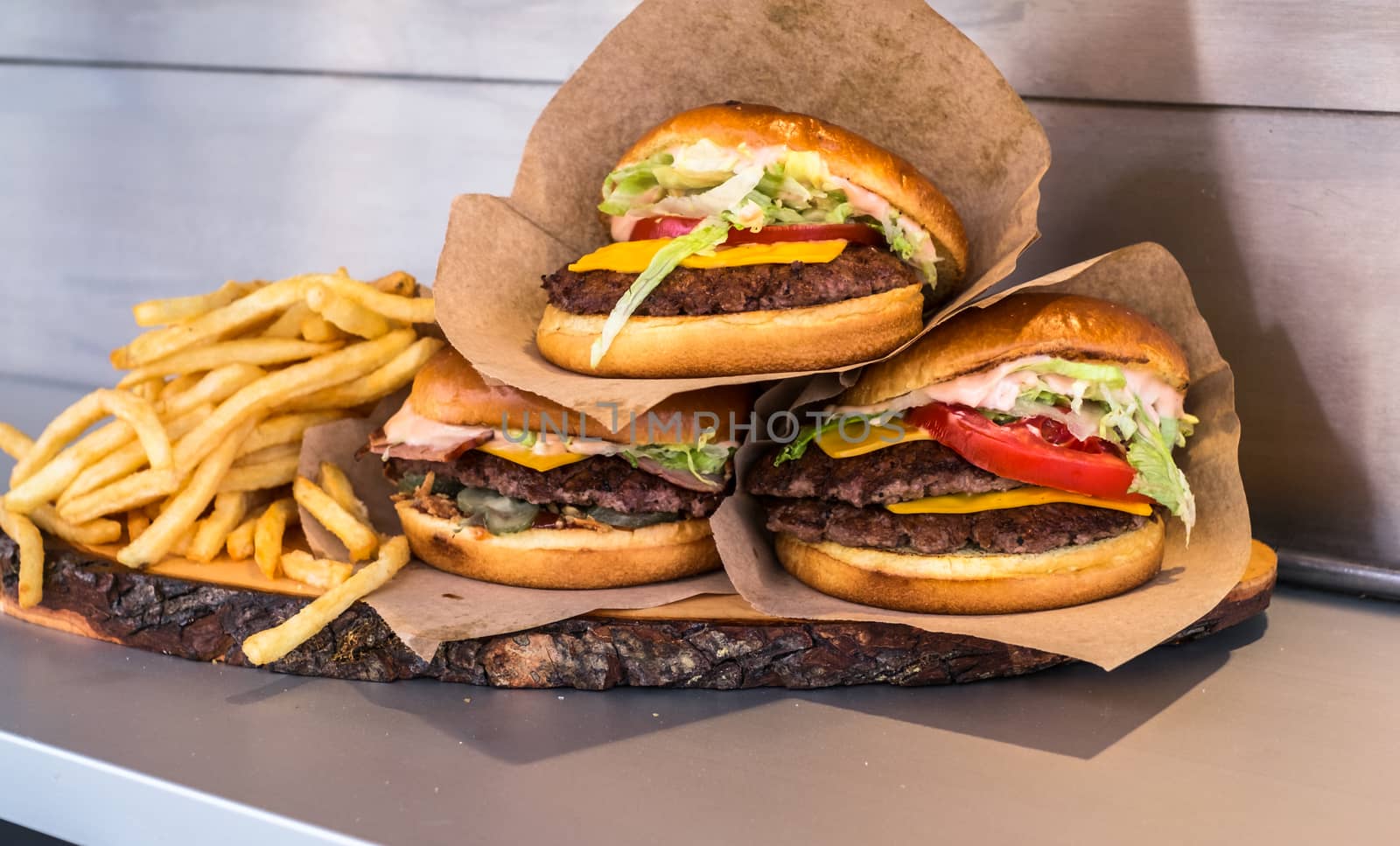 appetizing hamburger on the counter in the market