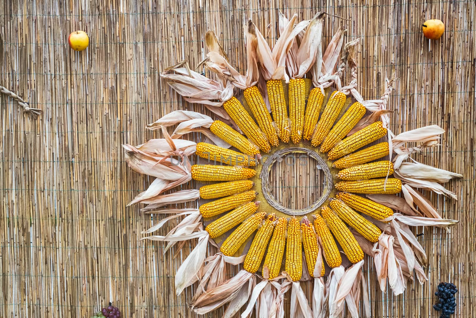 Corn, grapes and apples on a wicker wall