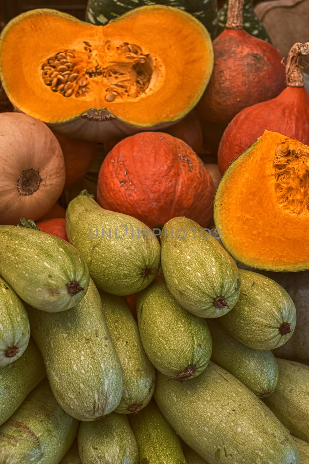 autumn pumpkins on the market stall