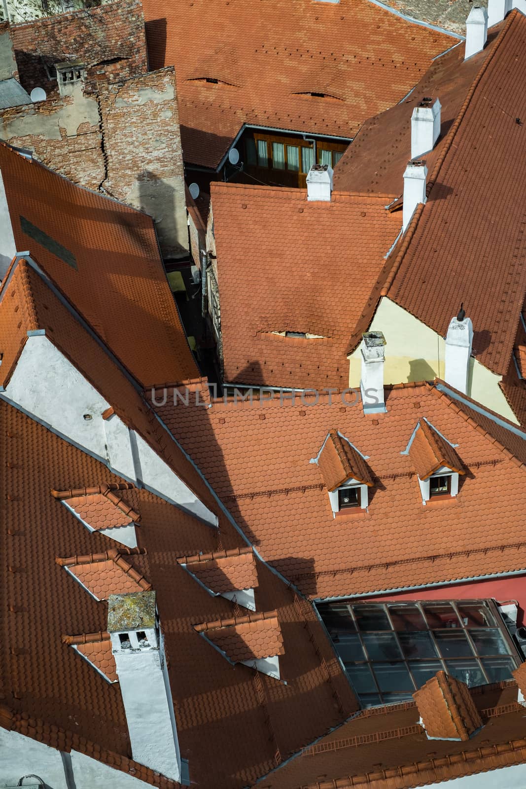 Aerial view over roof tiles in Sibiu city, Romania