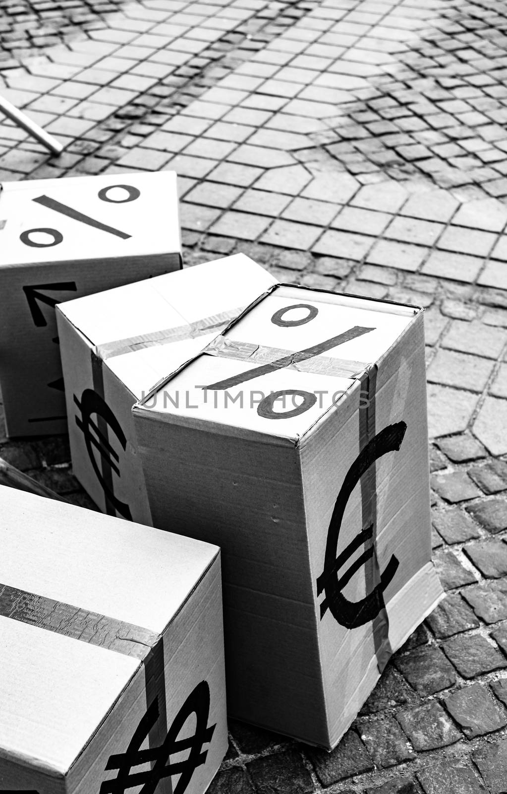 cartoon boxes with euro and dollar signs in Sibiu center, Romania