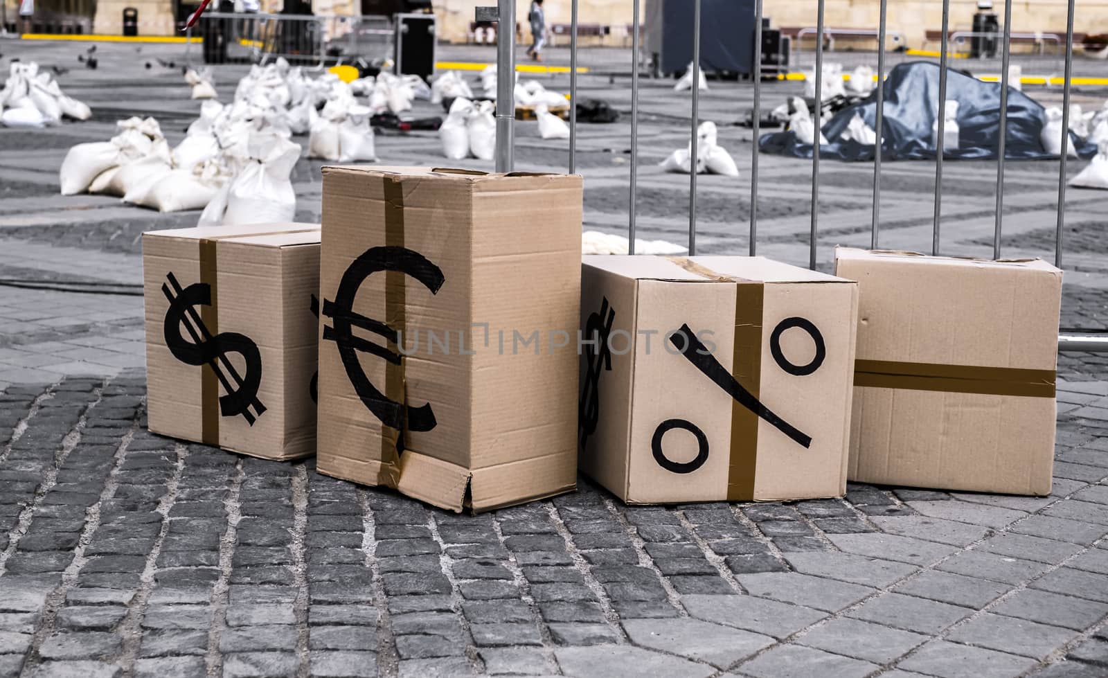cartoon boxes with euro and dollar signs in Sibiu center, Romania