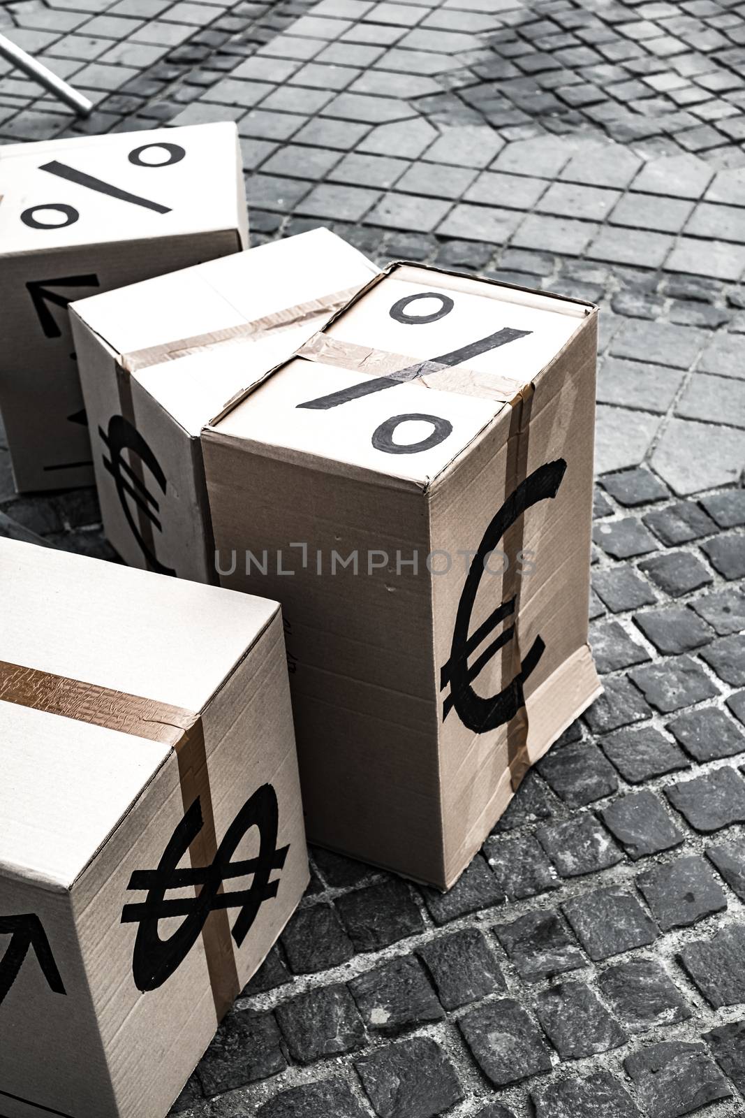 cartoon boxes with euro and dollar signs in Sibiu center, Romania