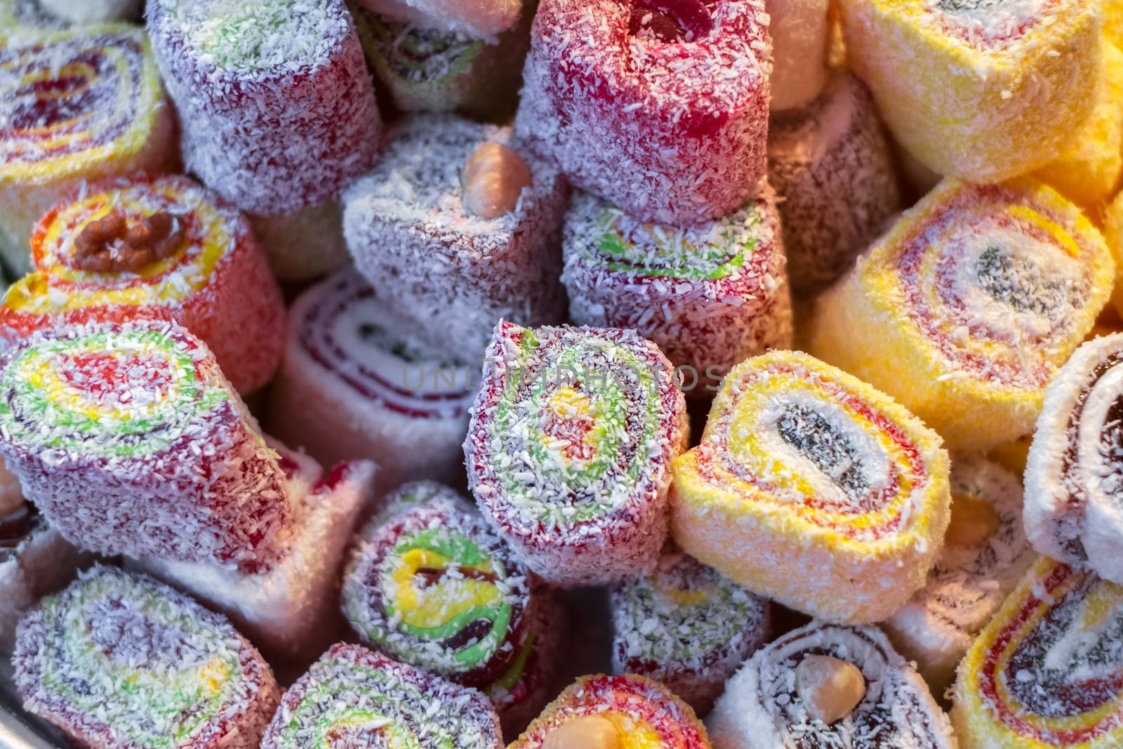Colorful jelly mix sugar roll up sweet jelly and flavor fruit