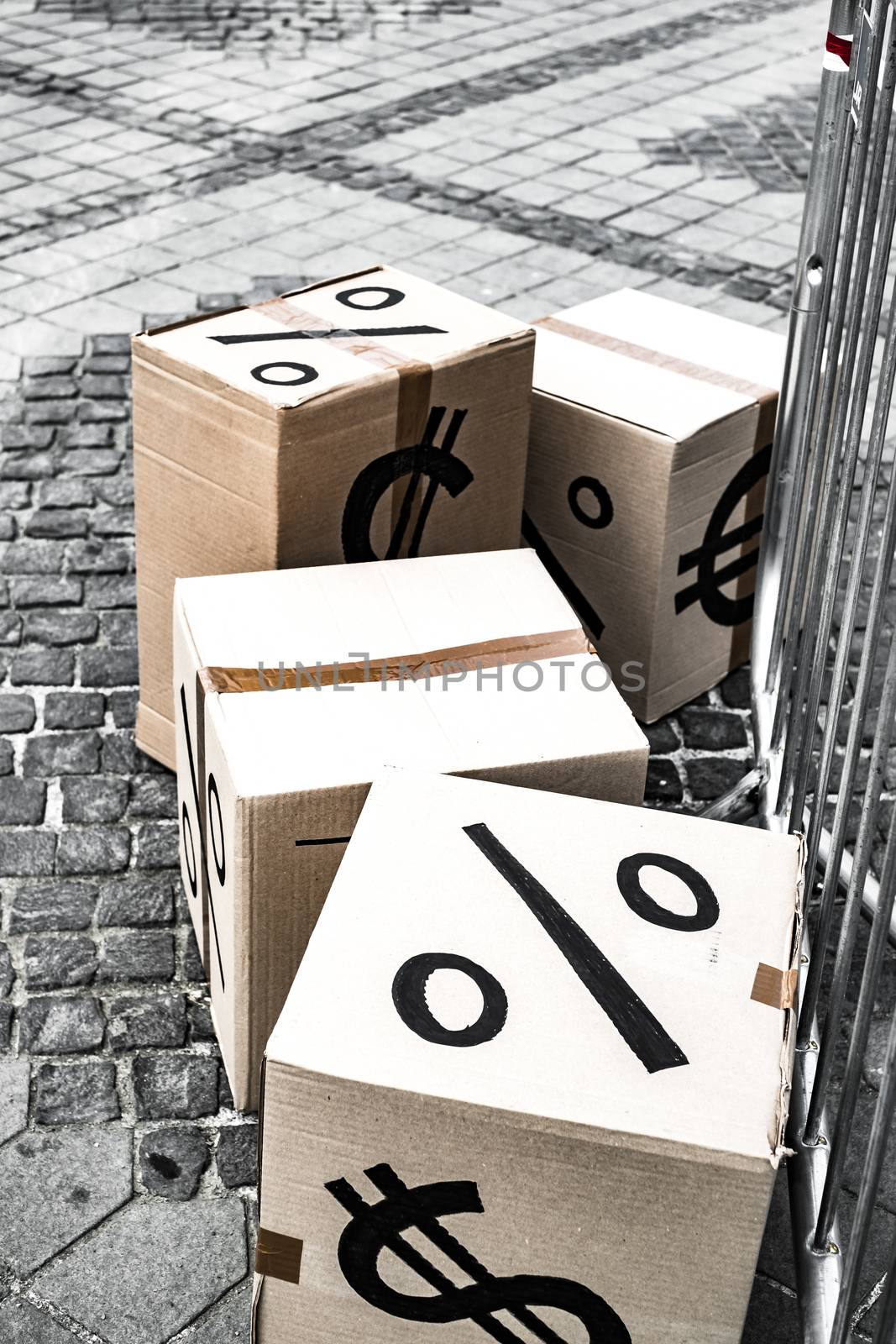 cartoon boxes with euro and dollar signs in Sibiu center, Romania