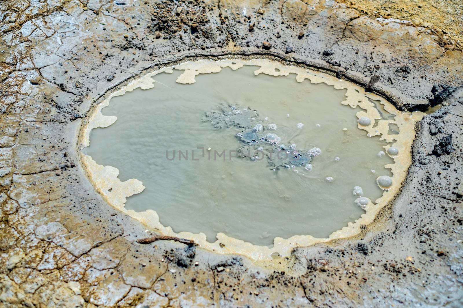 Close-up of bubbling mud in crater of mud volcano in Buzau county, Romania