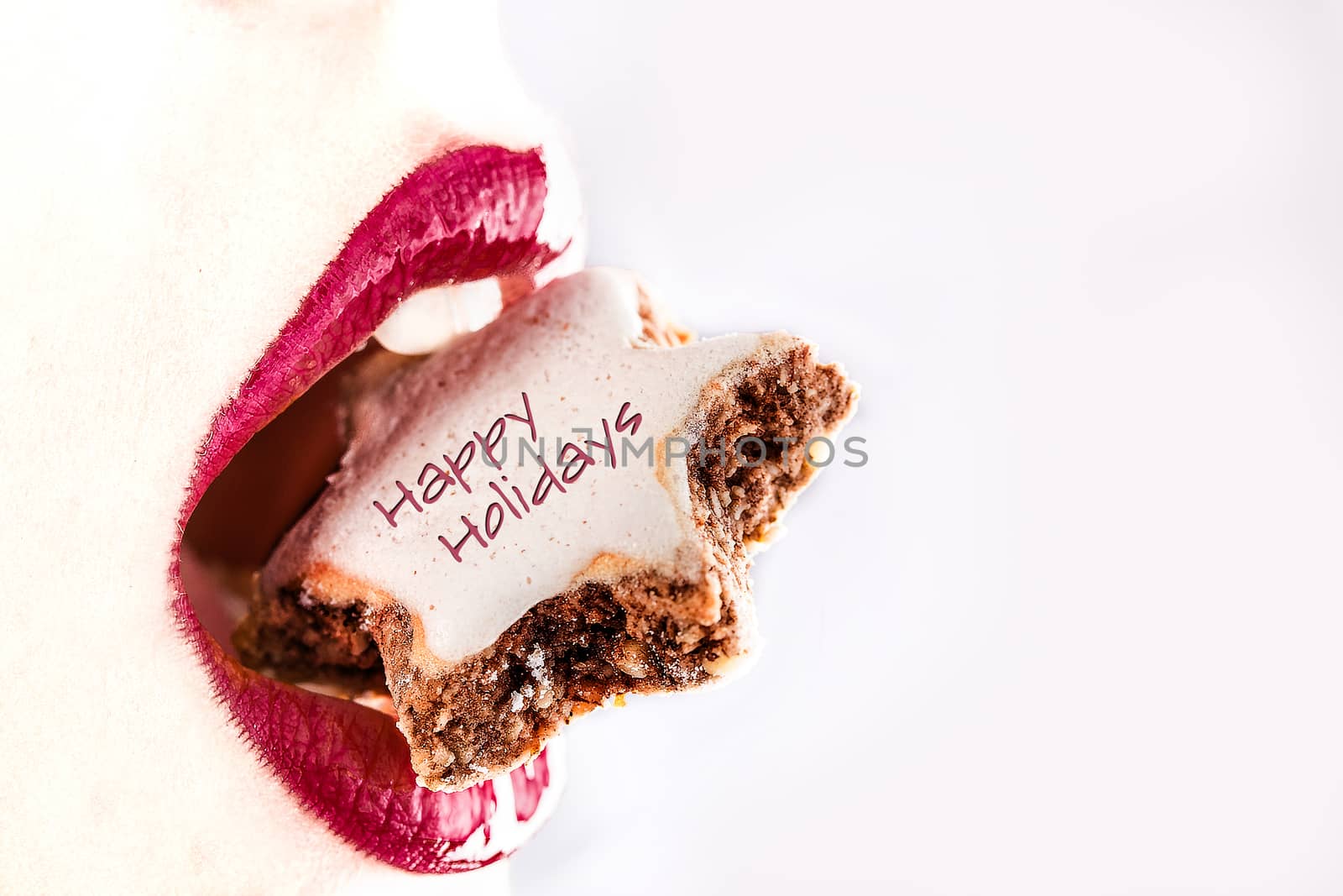 woman red lips eating tasty food with holiday text