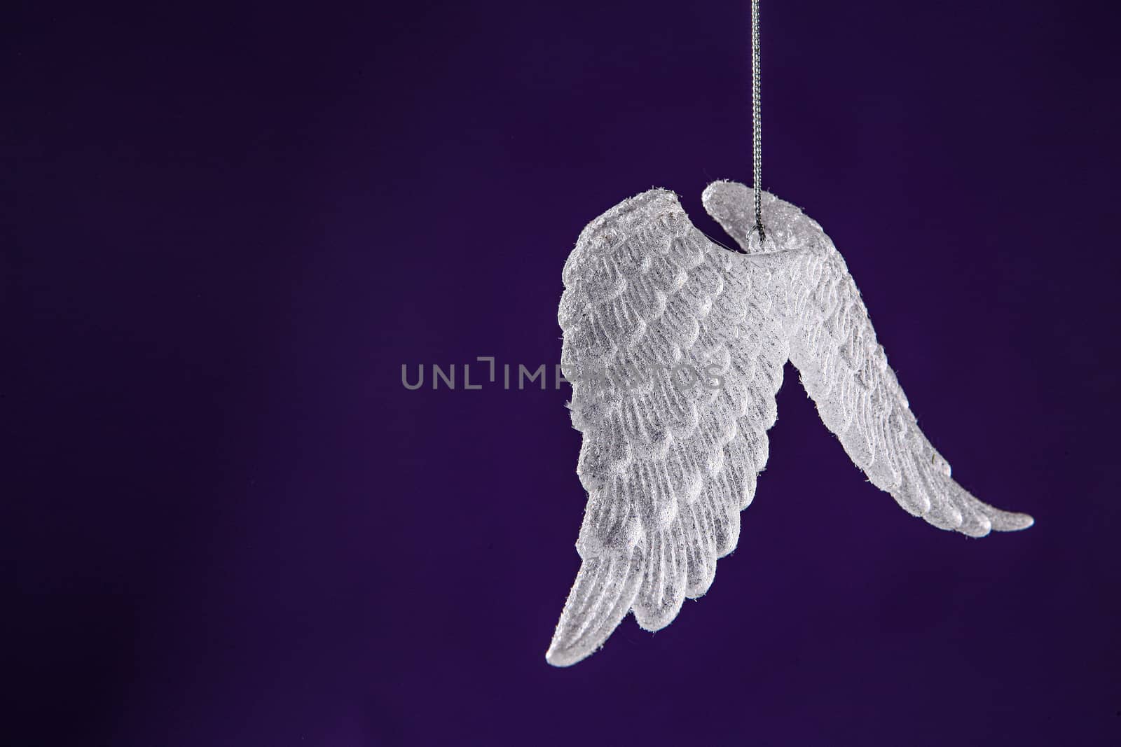 Purple Christmas background concepts with white hearts and wings with copy space