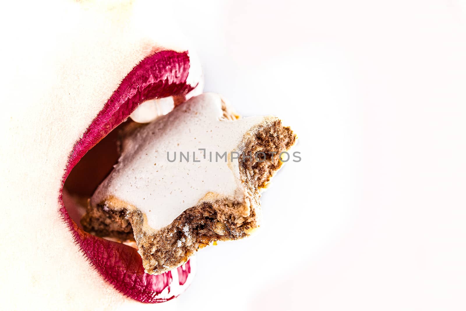 woman red lips eating tasty food with star cookie