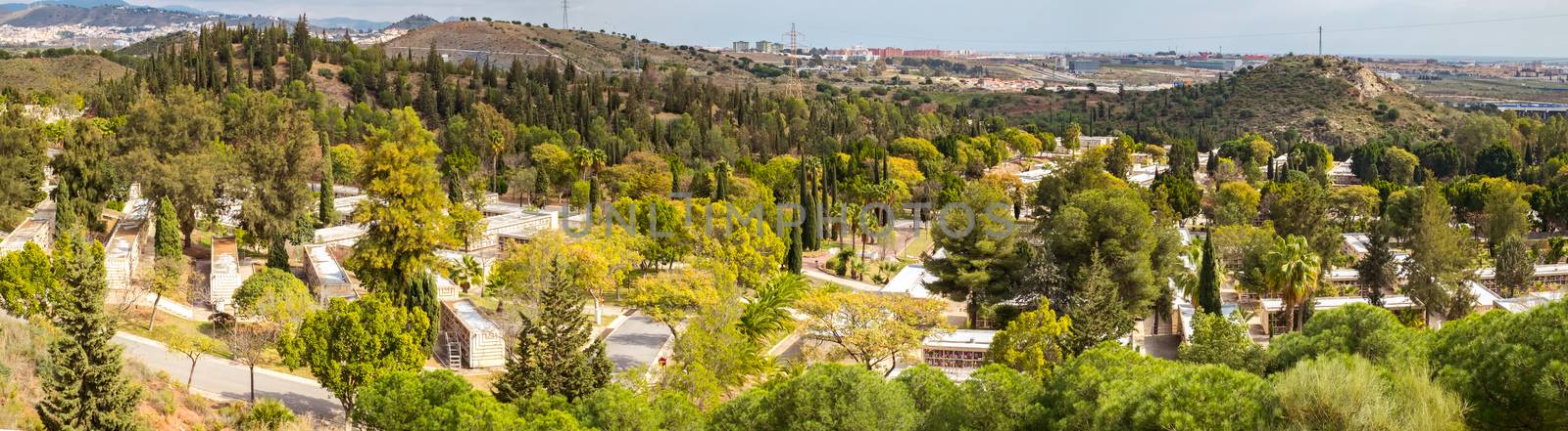 Malaga, Spain - February 24, 2018. Panorama view over the Malaga Park Cemetery