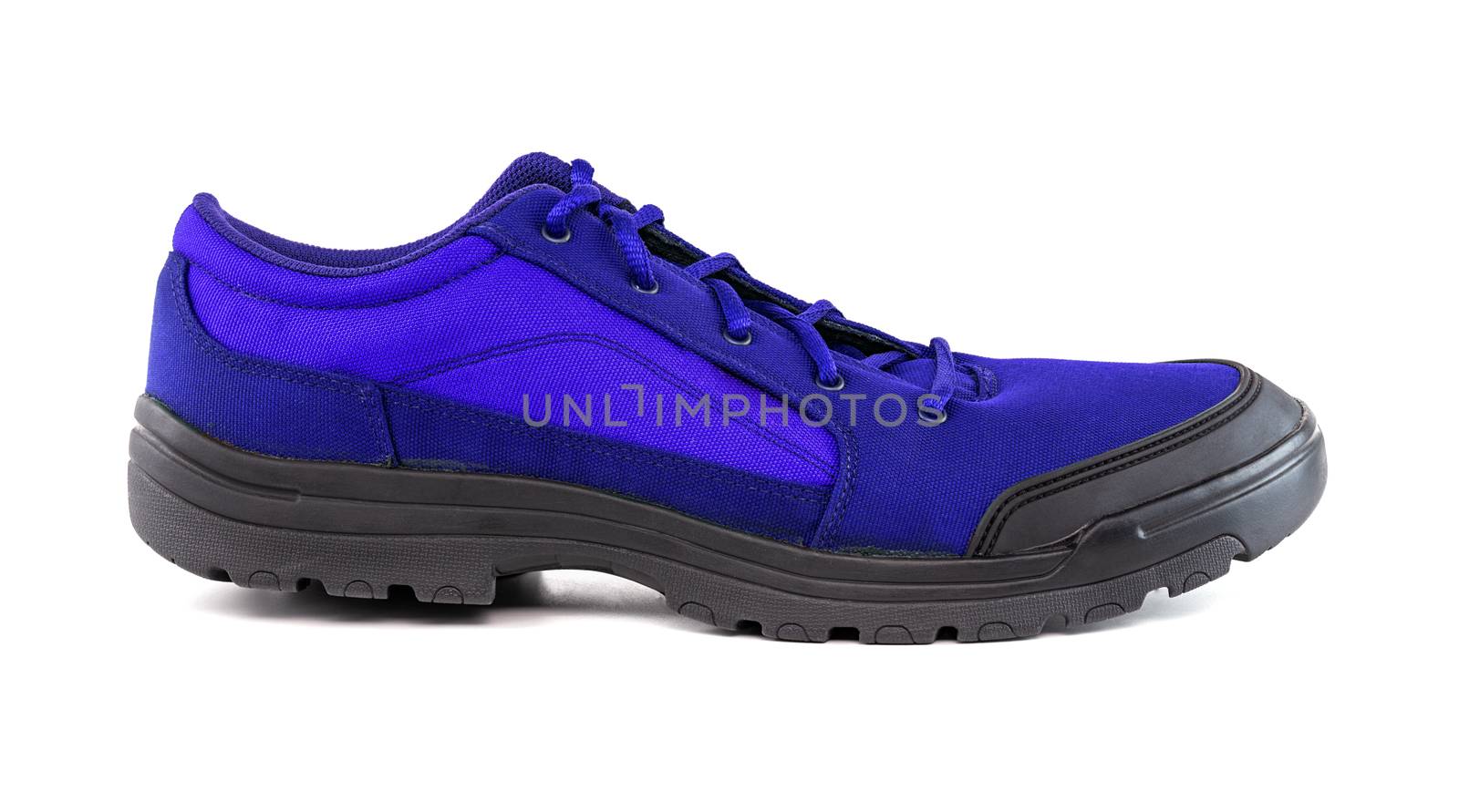 right cheap fantom blue hiking or hunting shoe isolated on white background.