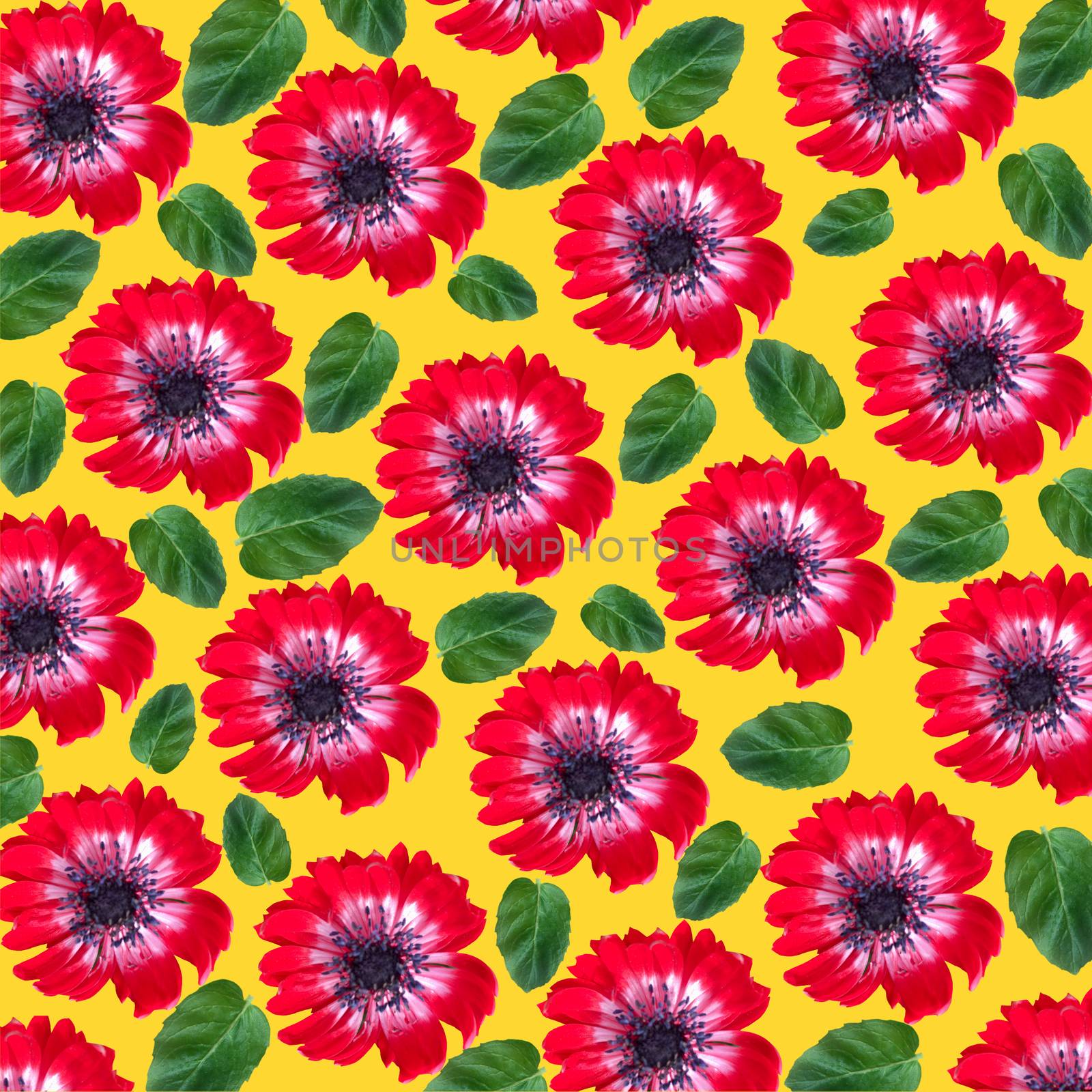 Floral pattern with red flowers and mint leaves by Margolana