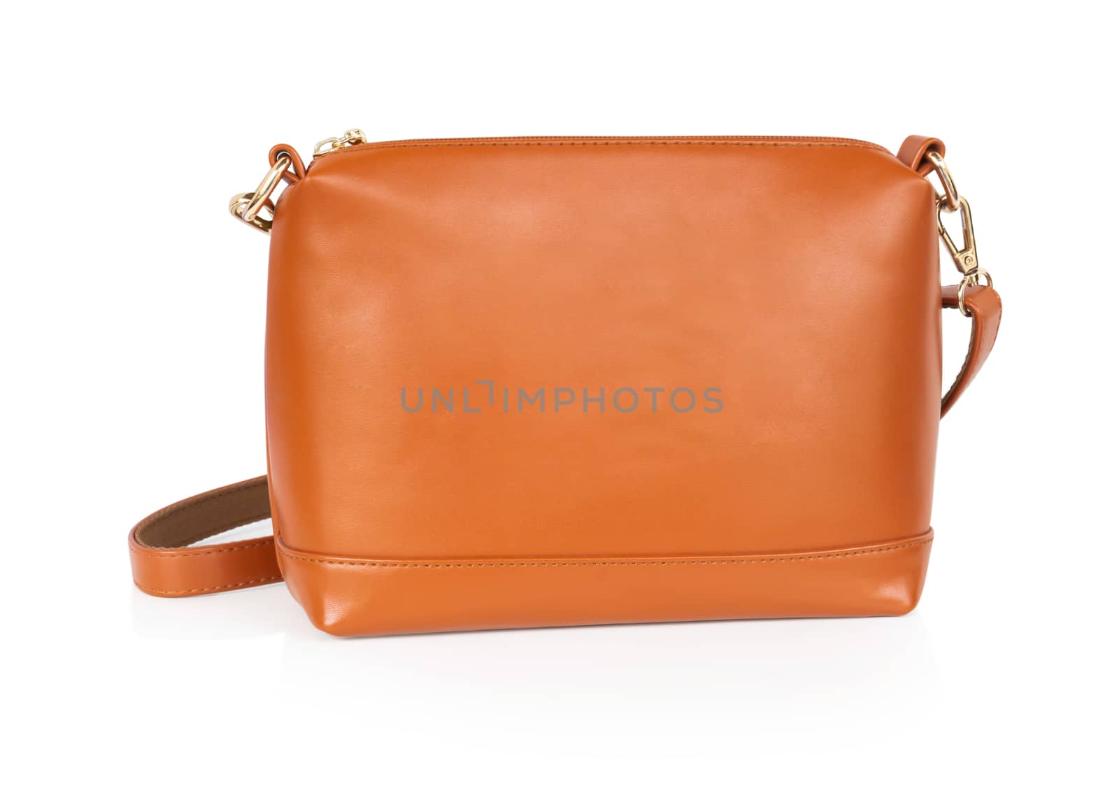 Closeup orange leather bag on white background