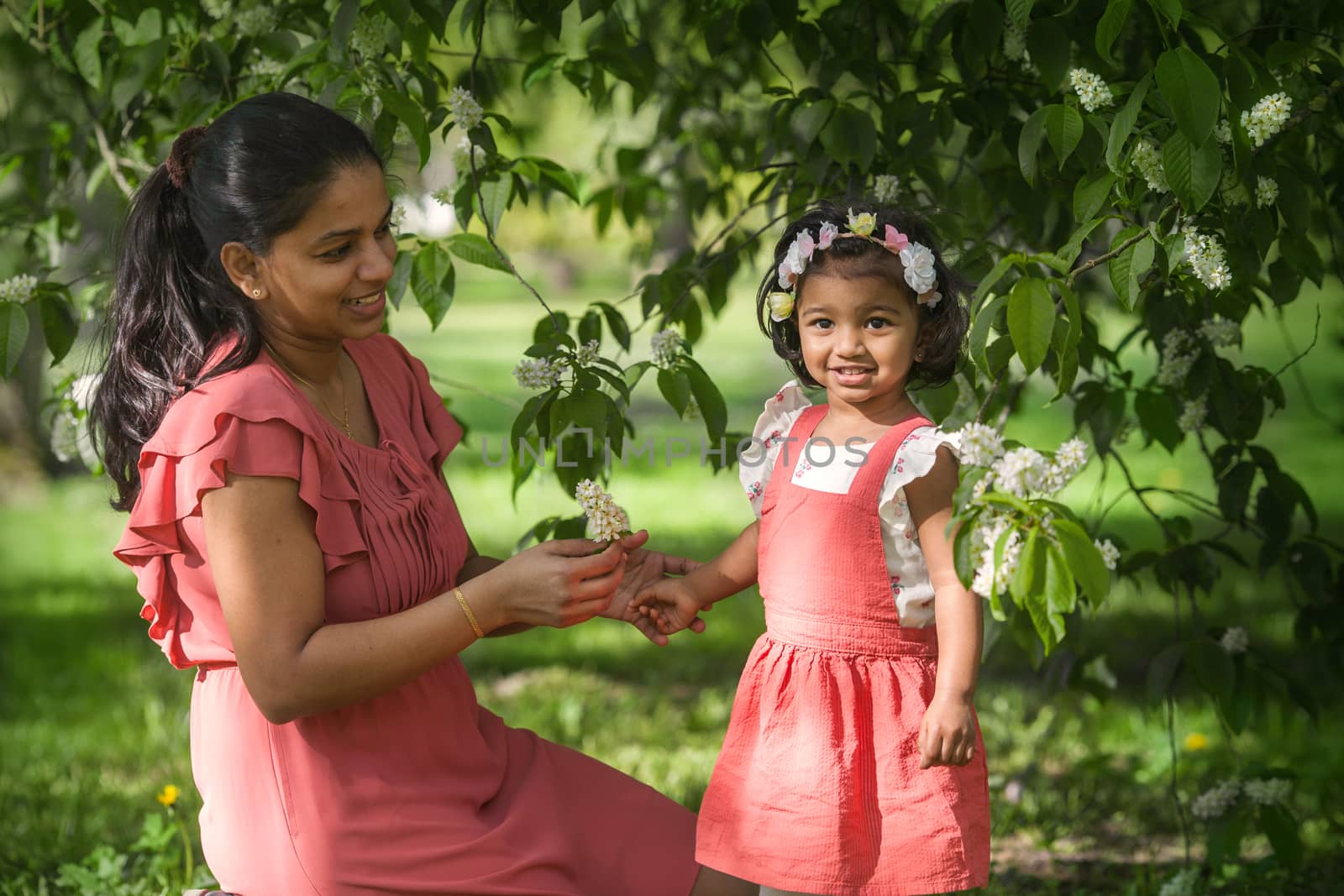 A pretty swarthy woman is walking with her daughter in spring park at bird cherry tree