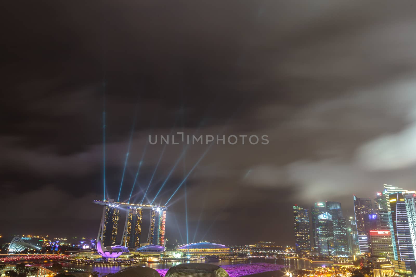 SINGAPORE - JUNE 23, 2018: Marina Bay Sands hotel and Art and Science Museum at summer night. Fogy night in Singapore