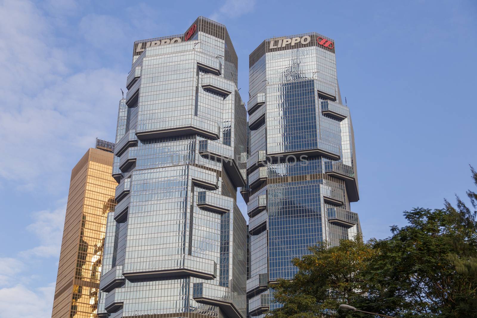HongKong, China - November, 2019: The Lippo centre twin towers, iconic modern architecture buildings in Hong Kong.