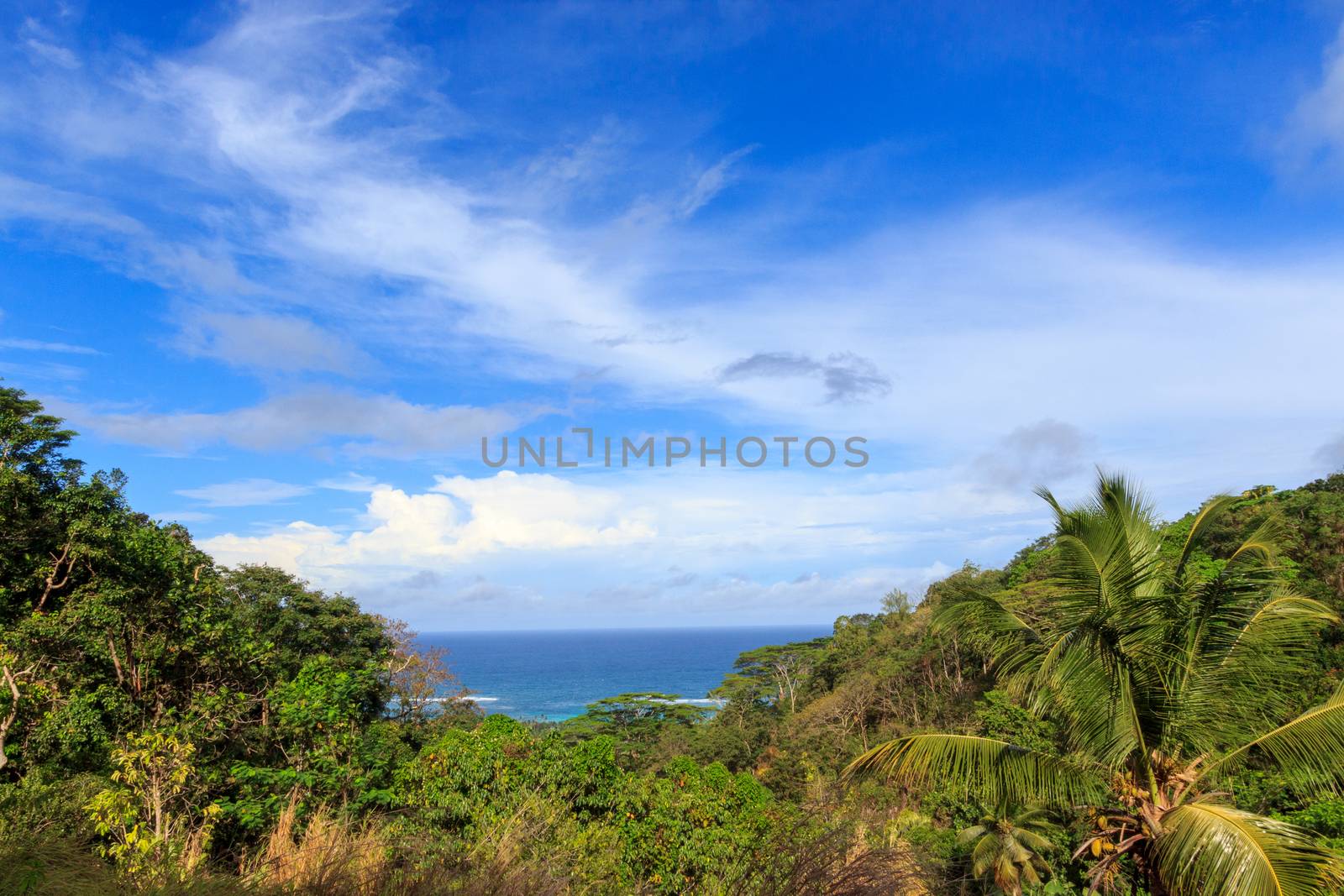 Beautiful view of Seychelles on a cloudy warm day. Concept of tourist islands. by dugulan