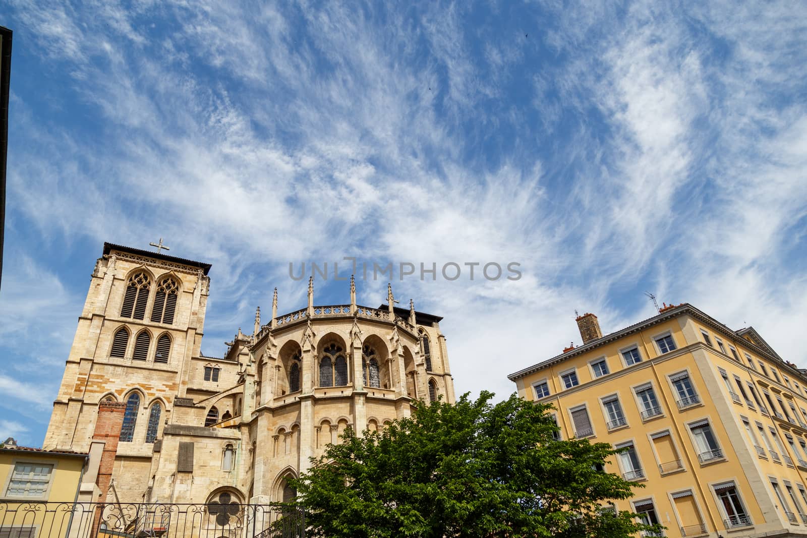 Lyon, France - CIRCA 2019: Picturesque historical Lyon Old Town buildings on the bank of Saone River. Lyon, Region Auvergne-Rhone-Alpes, France. by dugulan